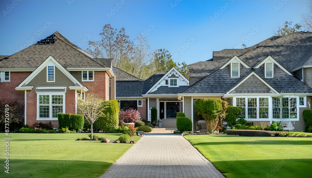 Brick house with a slate roof in a quiet neighborhood Large brick house in a residential neighborhood beautiful walkway surrounded by eco-friendly landscaping background Brick house with a slate roof in a quiet neighborhood Large brick house in a residential neighborhood beautiful walkway surrounded by eco-friendly landscaping background
