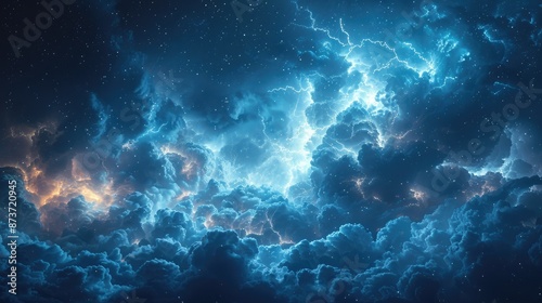 Brilliant Lightning Bolt in Tempestuous Night Sky: Electric Blue Glow © Ummeya