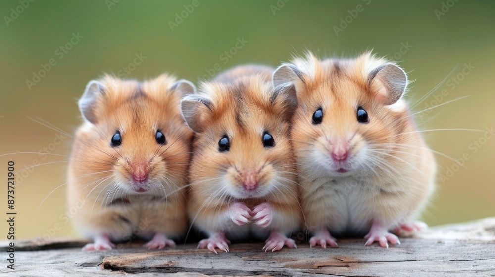 three hamsters are sitting on a log, Hamsters stuffing their cheek pouches three hamsters are sitting on a log, Hamsters stuffing their cheek pouches