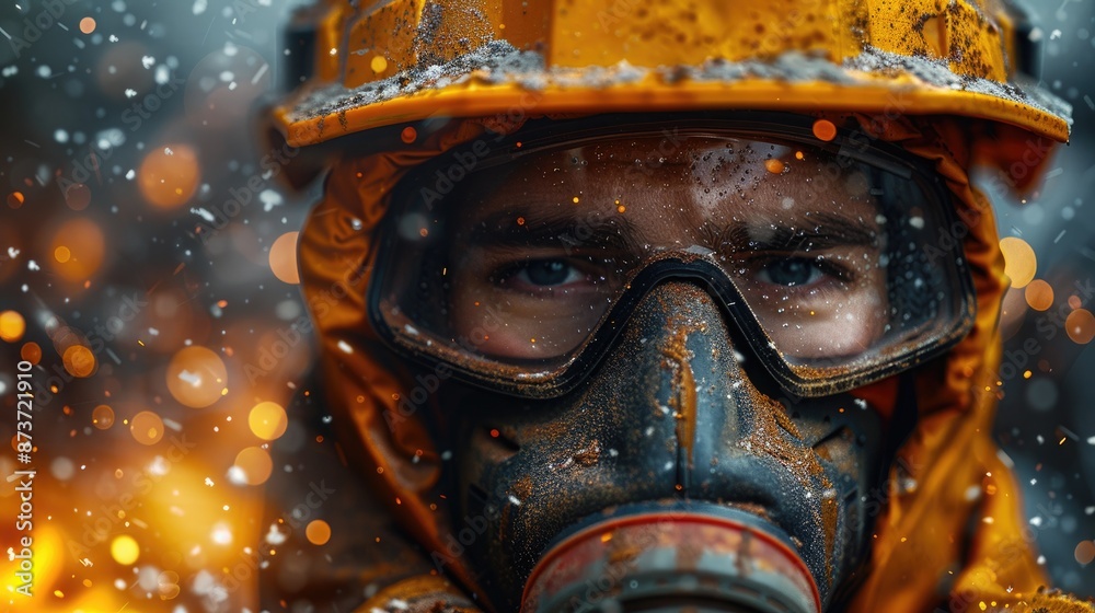 Construction Worker in High-Grade Dust Mask Amid Glass Wool Dust Particles at Construction Site