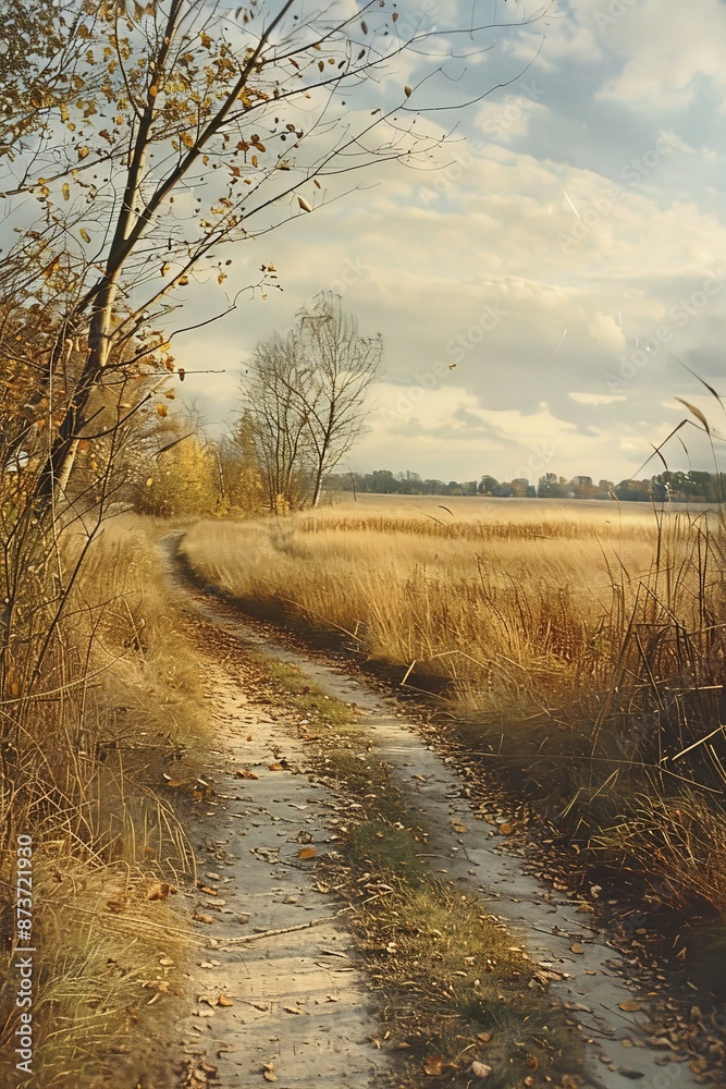 In the foreground, a pathway winds its way through the fields, inviting viewers to imagine themselves strolling through this picturesque countryside and experiencing the serenity depicted in In the foreground, a pathway winds its way through the fields, inviting viewers to imagine themselves strolling through this picturesque countryside and experiencing the serenity depicted in