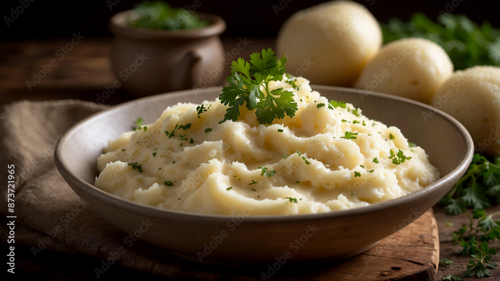 steaming bowl of creamy mashed potatoes garnished with a pat of melting butter and a sprinkle of chopped parsley, set on a rustic wooden table steaming bowl of creamy mashed potatoes garnished with a pat of melting butter and a sprinkle of chopped parsley, set on a rustic wooden table