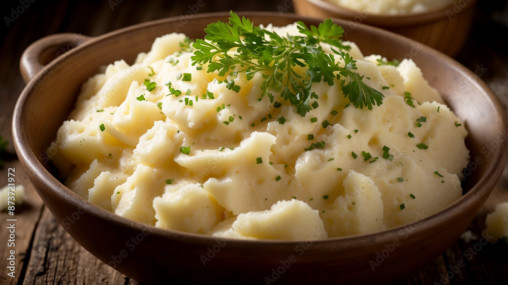 steaming bowl of creamy mashed potatoes garnished with a pat of melting butter and a sprinkle of chopped parsley, set on a rustic wooden table steaming bowl of creamy mashed potatoes garnished with a pat of melting butter and a sprinkle of chopped parsley, set on a rustic wooden table