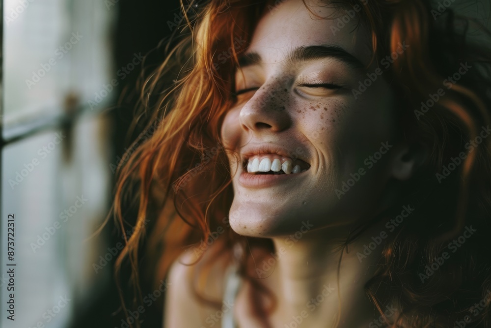 Close-up portrait of a smiling redhead with freckles, eyes closed in joyful expression. Natural light from nearby window illuminates face. Close-up portrait of a smiling redhead with freckles, eyes closed in joyful expression. Natural light from nearby window illuminates face.