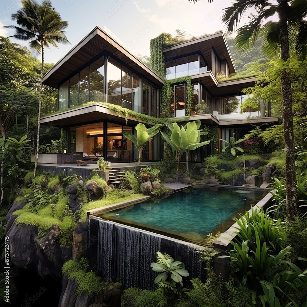 house in Bali in the rainforest, islands, beautiful landscaping, tropical lush, modern architecture, luxurious, extravagan , generated by AI. High quality photo house in Bali in the rainforest, islands, beautiful landscaping, tropical lush, modern architecture, luxurious, extravagan , generated by AI. High quality photo