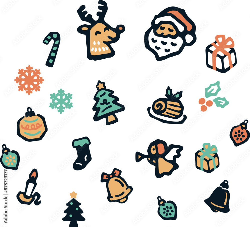 Fototapeta premium クリスマス アイコン 手描き あしらい 飾り 版画 判子 シルエット かわいい イラスト素材セット