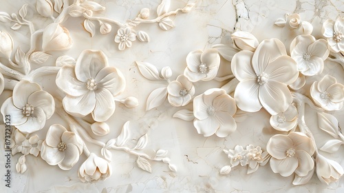 Elegant Floral Relief 3D Flower wall Art with Gold Accents on Marble Background. 3D floral marble background. 3D Flower wall tiles design in white background, 3D illustration © Team