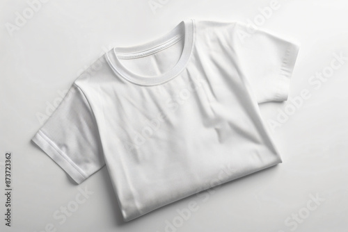 White t-shirt folded on white background, top view, mockup template for design presentation, flat lay. Mock up of blank plain T shirt for print and logo advertising concept. Flat lay, top down view