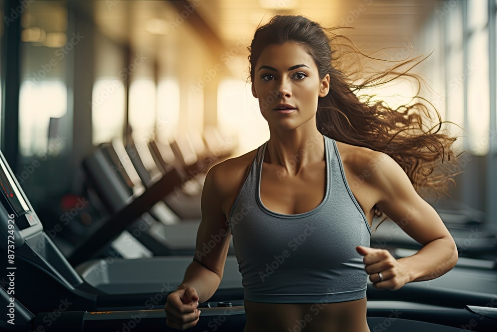 a woman running on a treadmill in a gym, Woman running on treadmill, focused, extra mile a woman running on a treadmill in a gym, Woman running on treadmill, focused, extra mile