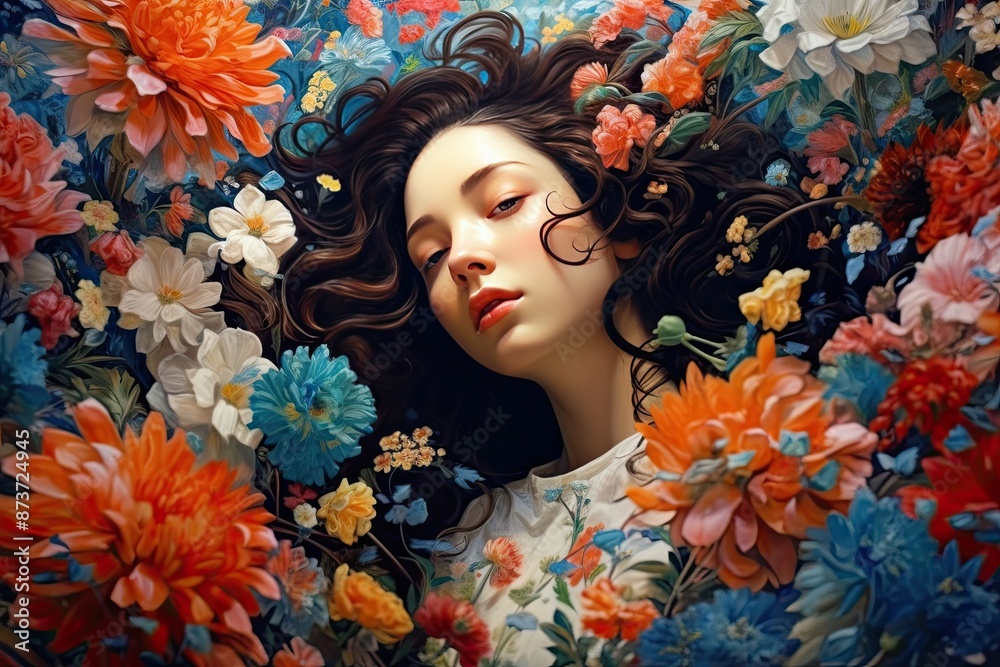 a woman surrounded by flowers in a field, Woman surrounded by blooming flowers a woman surrounded by flowers in a field, Woman surrounded by blooming flowers