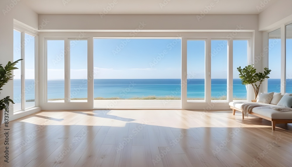 Fototapeta premium Beautiful home interior space with black living room wooden floor with ocean seaside blue sky sea sand beach summer freshness travel season window. Generative AI