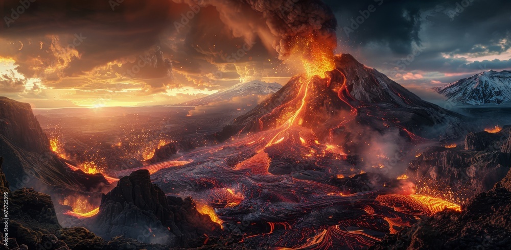 Erupting Volcano With Lava Flow and Smoke Under Cloudy Sky Erupting Volcano With Lava Flow and Smoke Under Cloudy Sky