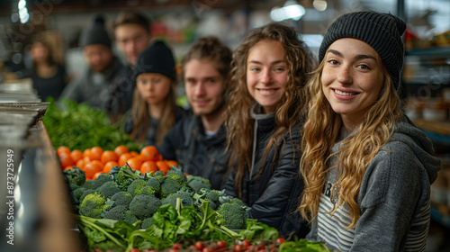 : A multicultural team of friends representing all ages, genders, and skill levels working together at a food bank.j photo