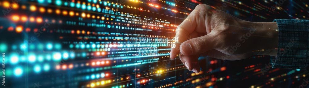 Fototapeta premium Hand interacting with data visualization on futuristic digital screen, representing advanced technology and data analysis concept.