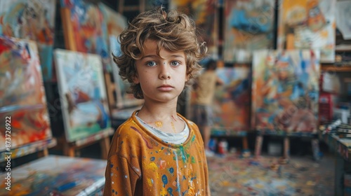 Young artist covered in paint.