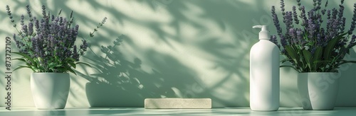 White Pump Bottle With Lavender Plants and Sunlight Shadows on a Green Wall