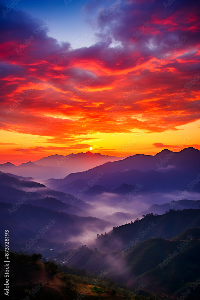 Epic Sunrise/Sunset Scene Displaying Radiant Sky Colors Over Low-Lying Hills. Epic Sunrise/Sunset Scene Displaying Radiant Sky Colors Over Low-Lying Hills.