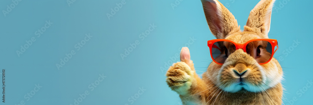 Fototapeta premium Funny easter animal pet - Easter bunny rabbit with sunglasses, giving thumb up, isolated on blue background