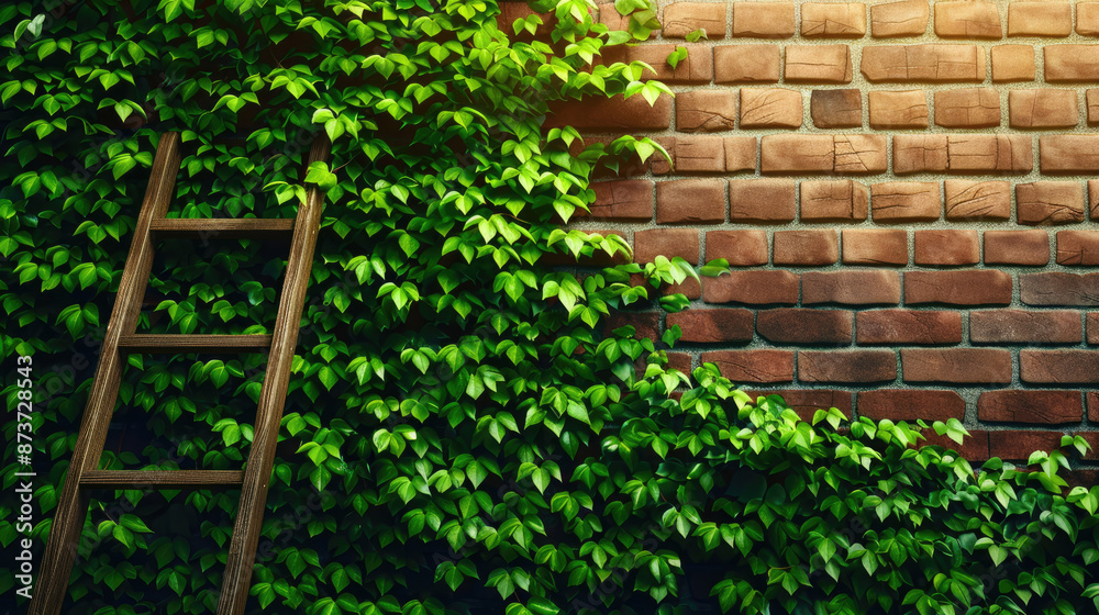 A wooden ladder leaning against a brick wall, overgrown with green ivy. A wooden ladder leaning against a brick wall, overgrown with green ivy.
