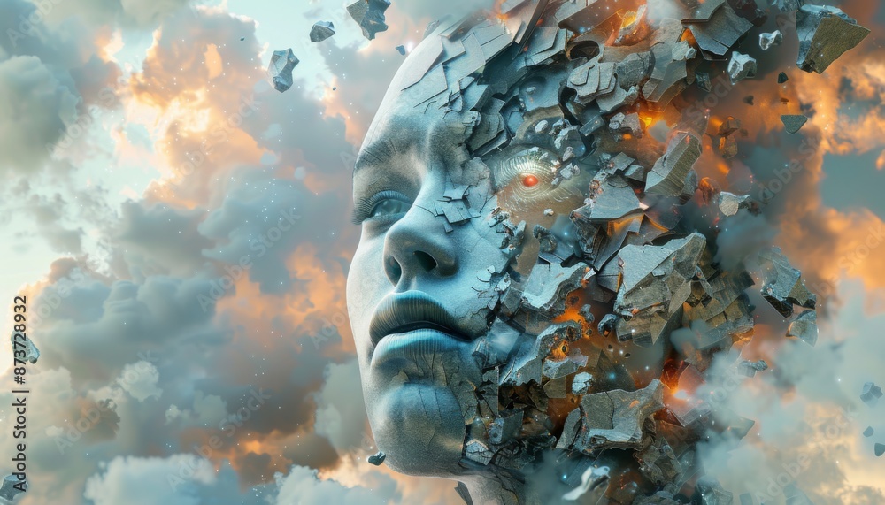 Surreal portrait with floating geometric shapes, abstract face, contemporary art Surreal portrait with floating geometric shapes, abstract face, contemporary art