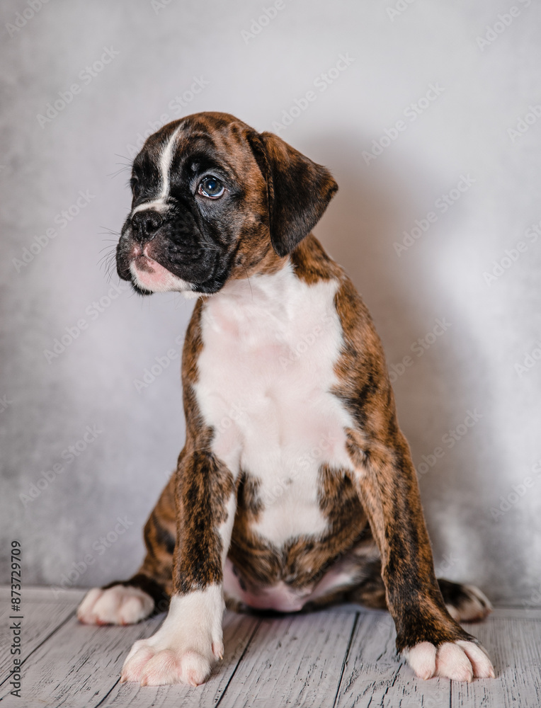 brown brindle boxer puppy on a gray background in the studio