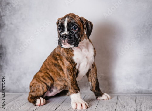 Foto brown brindle boxer puppy on a gray background in the studio