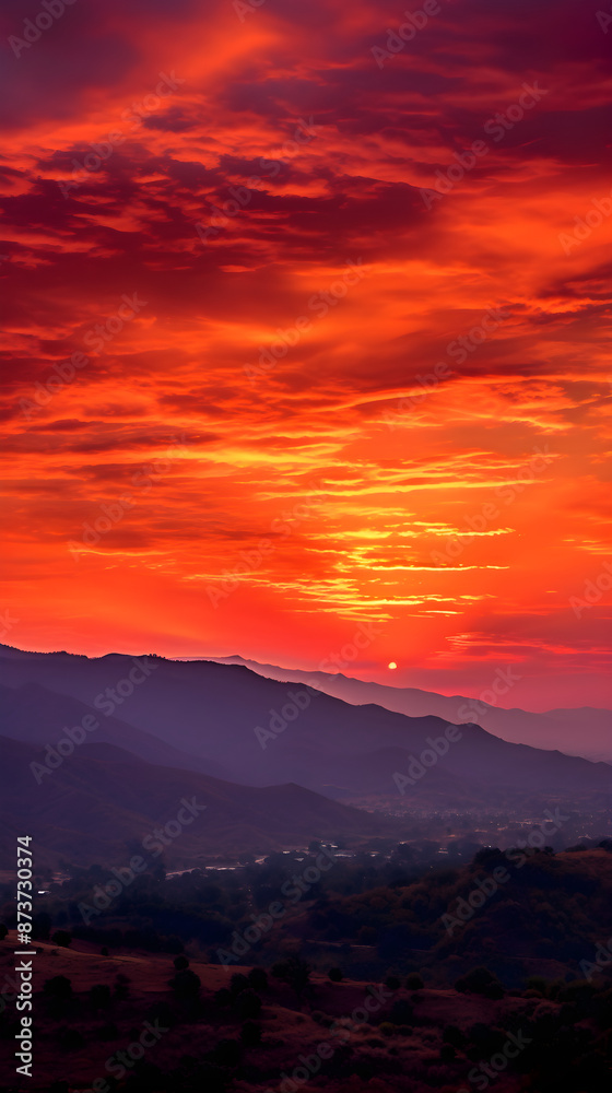 Epic Sunrise/Sunset Scene Displaying Radiant Sky Colors Over Low-Lying Hills. Epic Sunrise/Sunset Scene Displaying Radiant Sky Colors Over Low-Lying Hills.