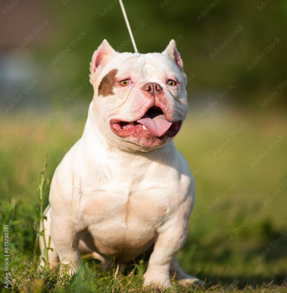 white beautiful male American bully posing in the ring on a green background in summer white beautiful male American bully posing in the ring on a green background in summer