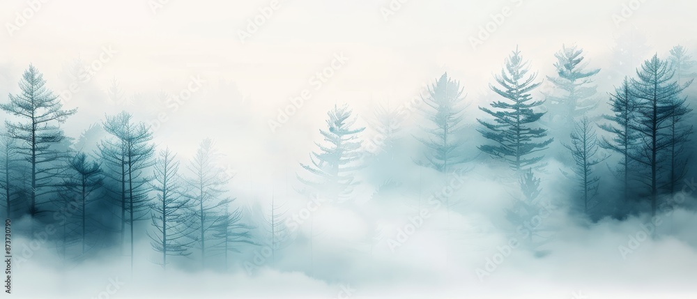 Mystical mist-covered forest with tall trees creating a serene and ethereal atmosphere, perfect for nature and tranquility themed designs. Mystical mist-covered forest with tall trees creating a serene and ethereal atmosphere, perfect for nature and tranquility themed designs.