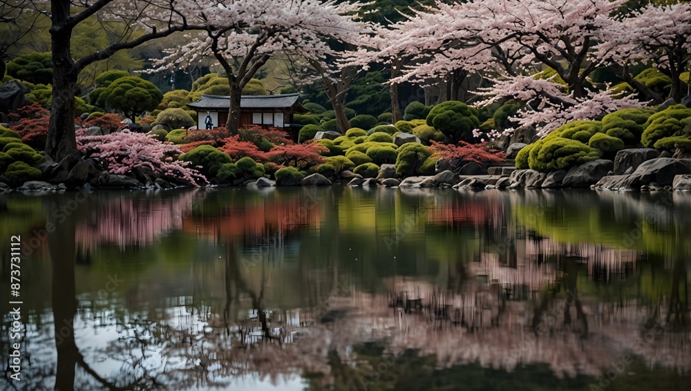 About the serenity found in a Japanese jardin during cherry blossom season ai_generated