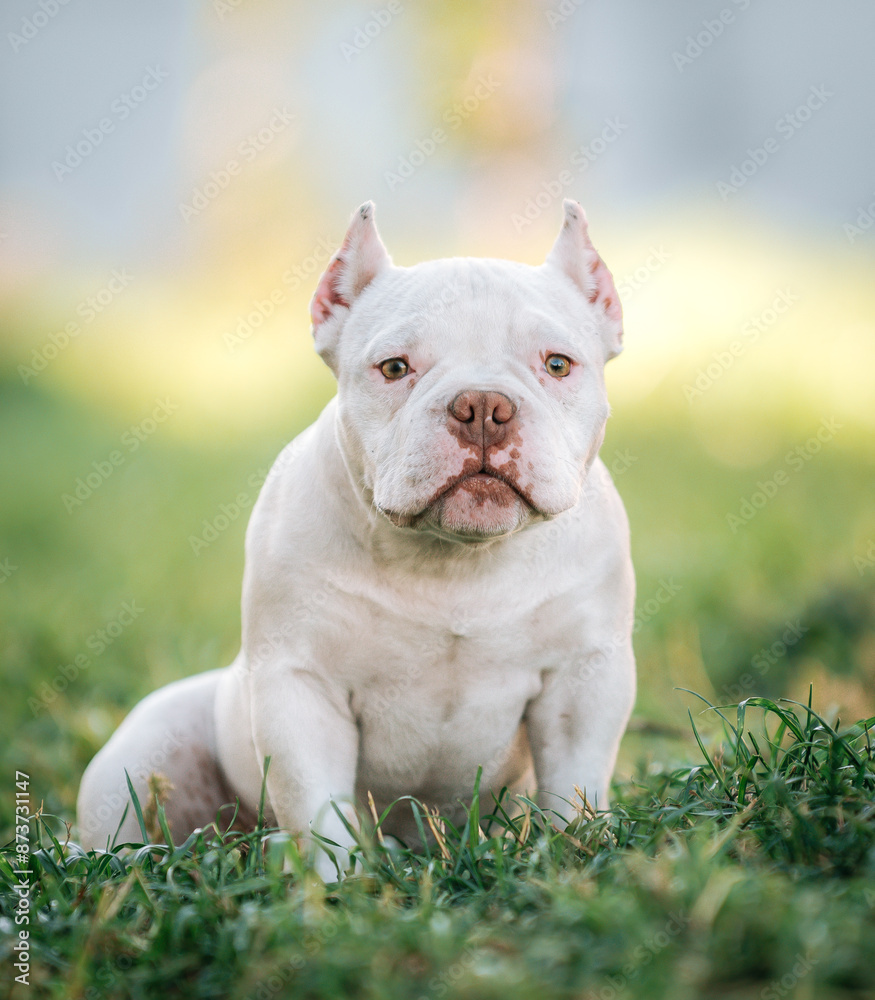 Fototapeta premium American Bully puppy sitting on the grass