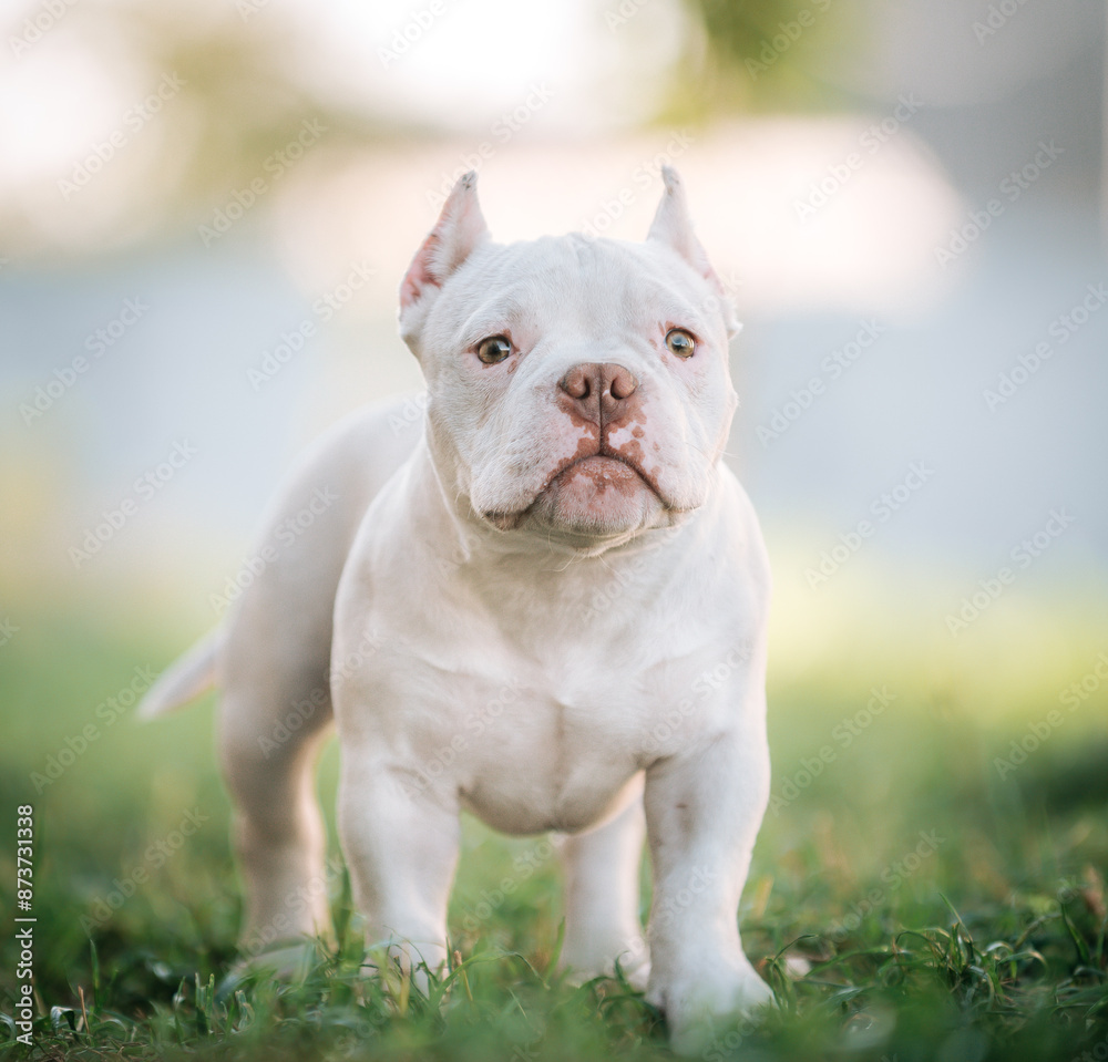 American Bully puppy walking on the grass American Bully puppy walking on the grass