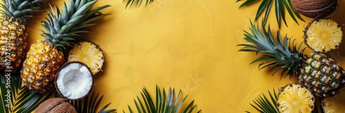Fresh Pineapple and Coconut Arrangement on Yellow Background