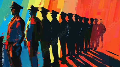 Fragmented Justice: Cubist Depiction of Policeman's Shadow Over Peaceful Protest Signifying State Violence photo