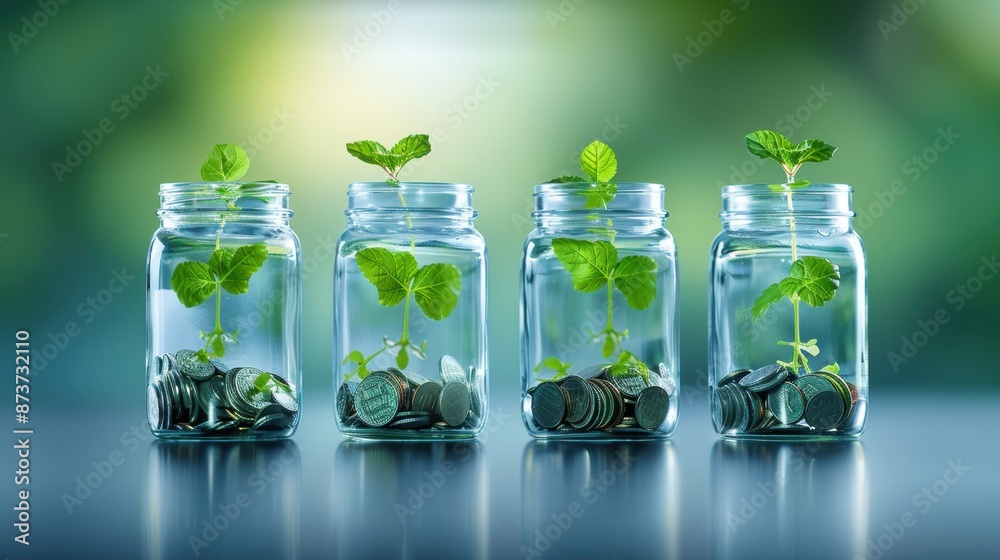 Four glass jars with growing plants and coins, symbolizing financial growth, investment, and savings. Nature and greenery on a blurred background. Four glass jars with growing plants and coins, symbolizing financial growth, investment, and savings. Nature and greenery on a blurred background.