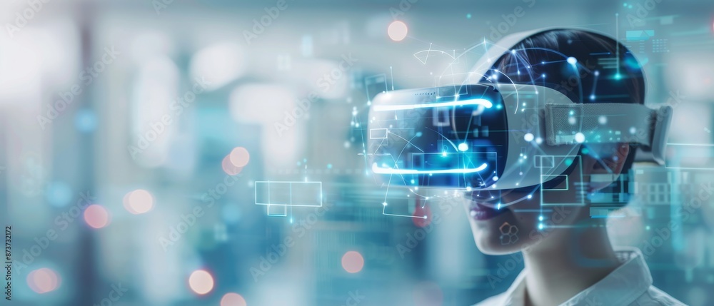 Person wearing a VR headset immersed in a futuristic digital interface, concept of virtual reality and advanced technology.