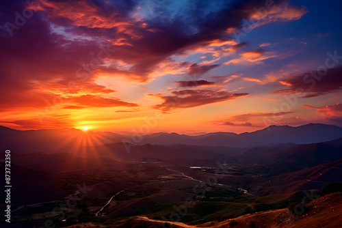 Epic Sunrise/Sunset Scene Displaying Radiant Sky Colors Over Low-Lying Hills. © Ethel