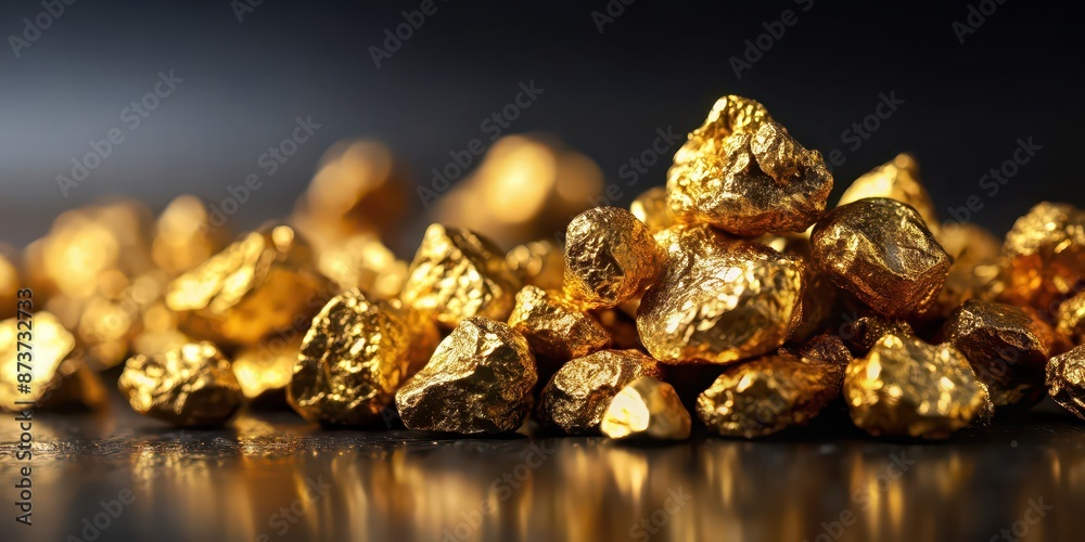 A beautiful close-up shot of shimmering gold nuggets on a dark background, precious metal, wealth, luxury, investment, golden A beautiful close-up shot of shimmering gold nuggets on a dark background, precious metal, wealth, luxury, investment, golden