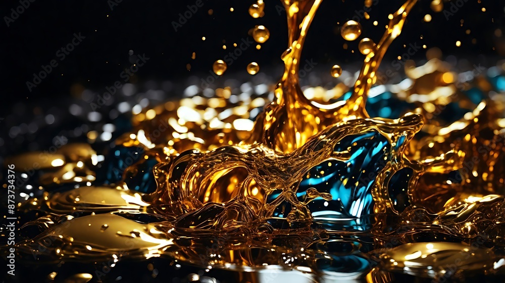 A dynamic and high-resolution close-up of golden liquid splashing, with droplets suspended in the air, against a dark background A dynamic and high-resolution close-up of golden liquid splashing, with droplets suspended in the air, against a dark background