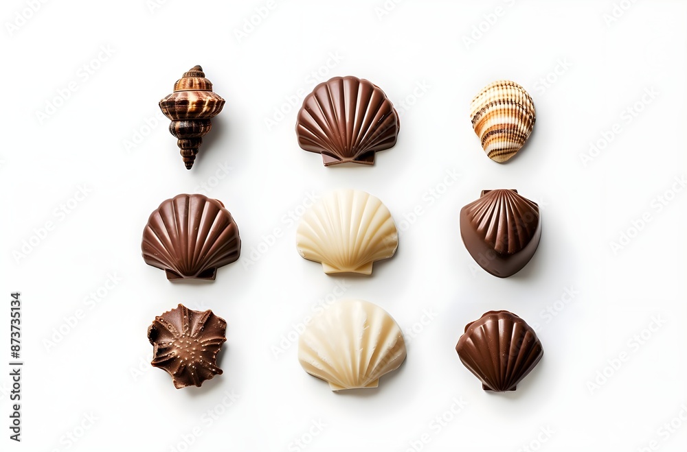 Chocolate sea shells belgian chocolates variety on white background Chocolate sea shells belgian chocolates variety on white background