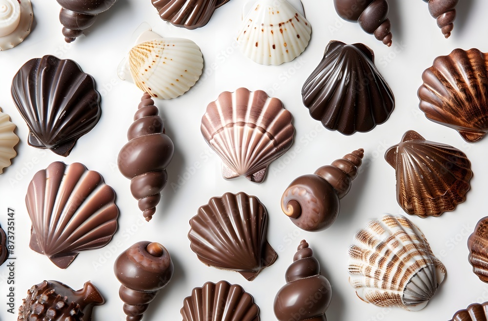 Chocolate seashells variety on white background Chocolate seashells variety on white background