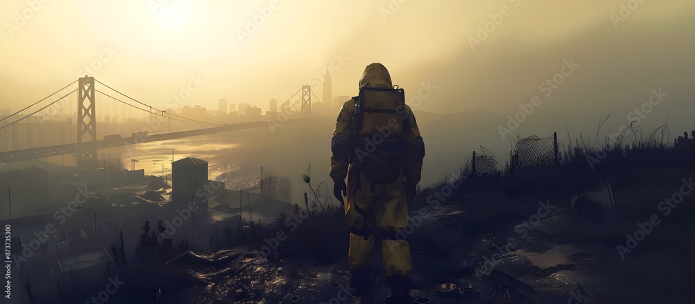 Man in a hazmat suit protective radiation gear traversing through a post-apocalyptic desolate version of San Francisco California after nuclear fallout Man in a hazmat suit protective radiation gear traversing through a post-apocalyptic desolate version of San Francisco California after nuclear fallout