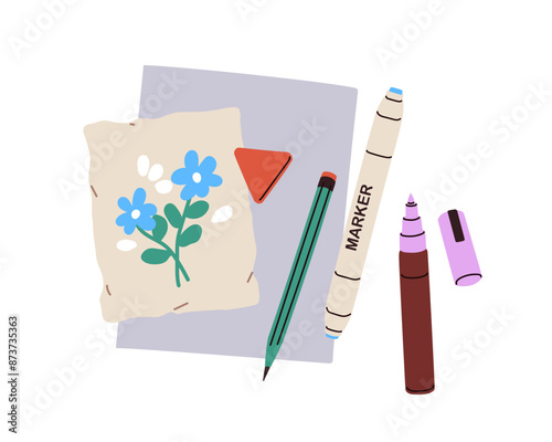 Drawing on paper and art supplies. Botanical painting, hand-drawn flower on s...