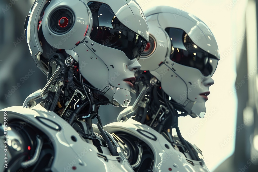Closeup of two humanoid robots with intricate mechanical designs Closeup of two humanoid robots with intricate mechanical designs