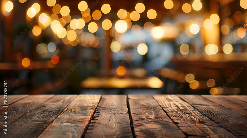 Empty wooden table top with lights bokeh on blur restaurant background Empty wooden table top with lights bokeh on blur restaurant background