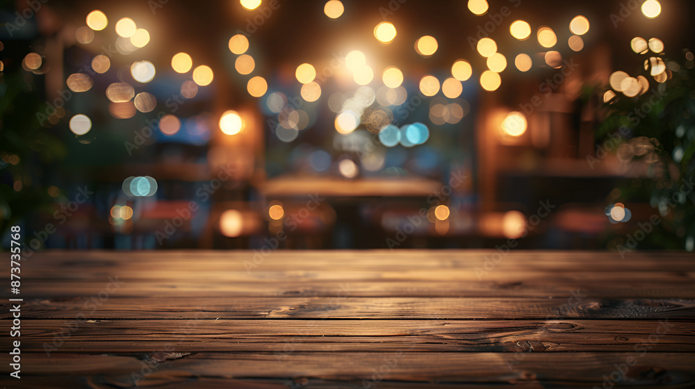 Empty wooden table top with lights bokeh on blur restaurant background Empty wooden table top with lights bokeh on blur restaurant background