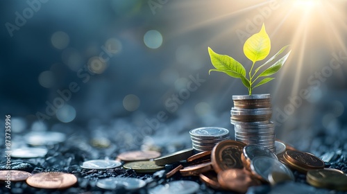 A plant is growing on top of a pile of coins. The coins are scattered all over the ground, and the plant is the only thing that stands out. The scene gives off a sense of hope and growth. AI generated