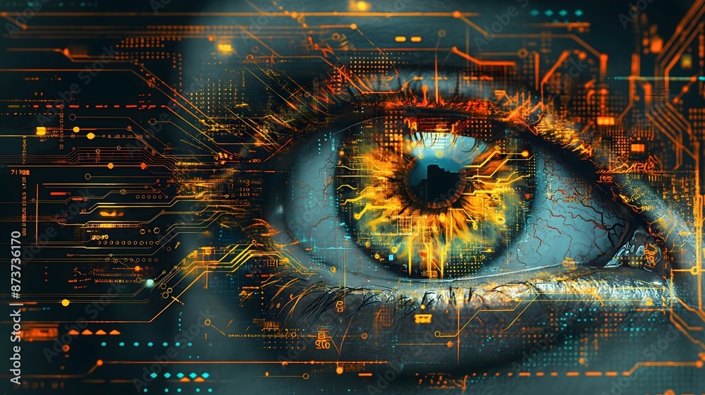 A close up of an eye with a bright orange glow surrounding it. The eye is surrounded by a blurry, glowing light that seems to be emanating from within the eye itself. The image has a surreal. A close up of an eye with a bright orange glow surrounding it. The eye is surrounded by a blurry, glowing light that seems to be emanating from within the eye itself. The image has a surreal.