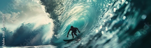 A Surfer Rides A Powerful Wave At Sunset