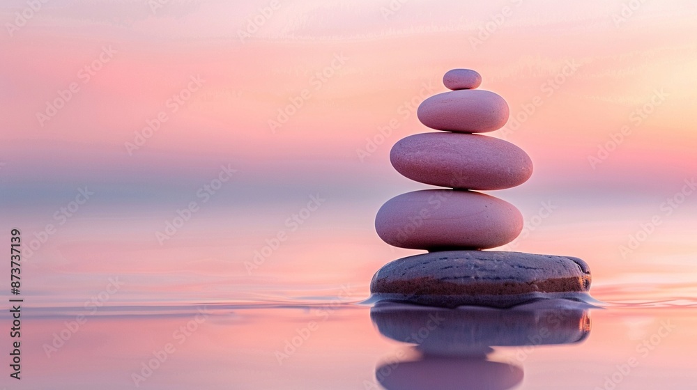 Serene clay pebble stack, a symbol of balance, against a tranquil, soft-hued dawn Serene clay pebble stack, a symbol of balance, against a tranquil, soft-hued dawn